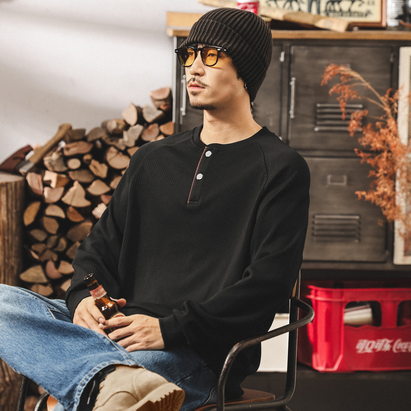 美式復古280g重磅長袖t恤男寬鬆秋季新款條紋肌理亨利領polo衫男