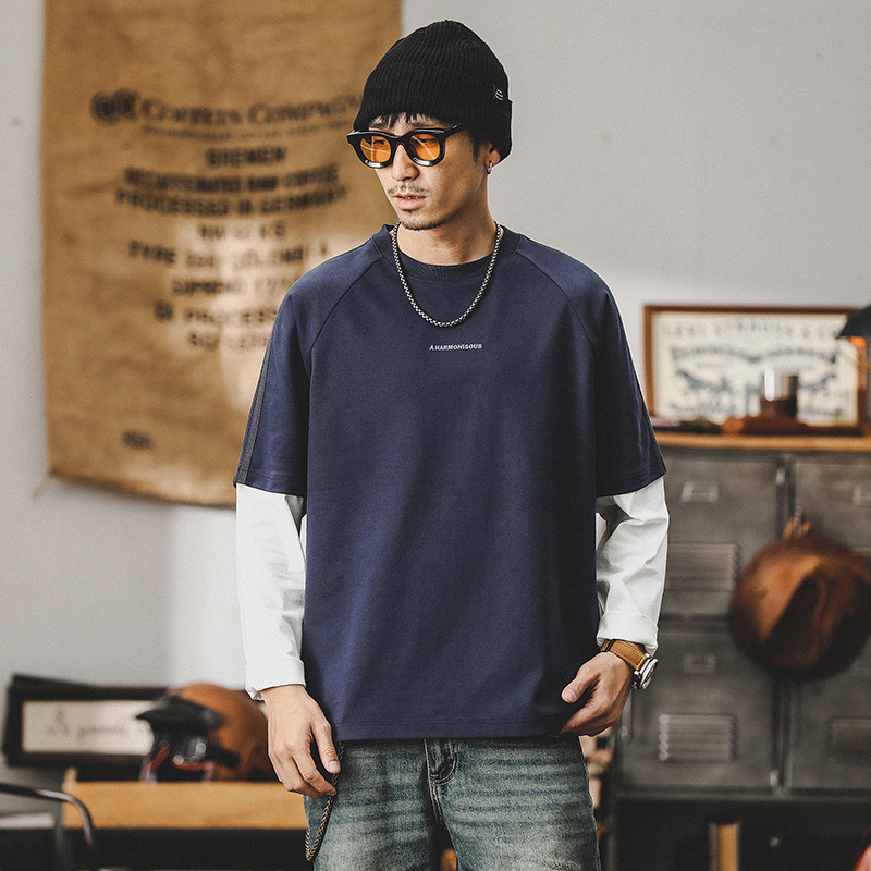 280g重磅T恤男長袖春季潮牌高級感痞帥假兩件設計款衣服男士上衣