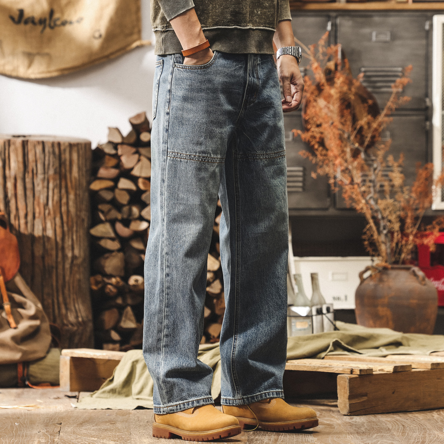 美式復古重磅水洗牛仔褲春季新款潮牌闊腿長褲子男寬鬆直筒休閒褲