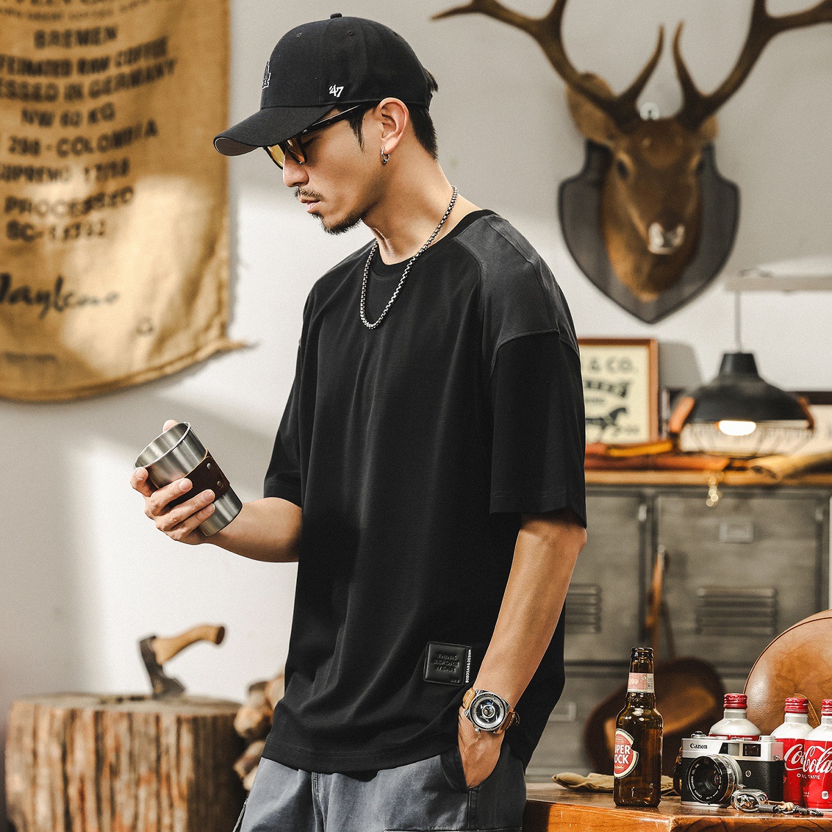 萊賽爾天絲高級感短袖男夏季美式復古駝色潮牌男士T恤美拉德上衣