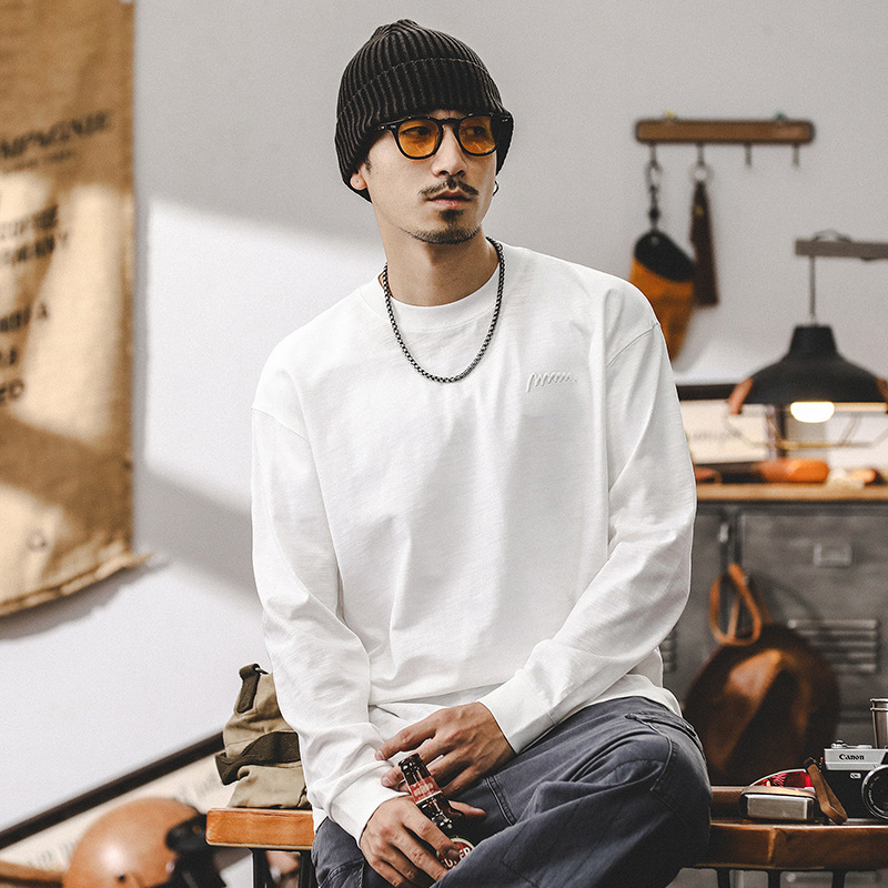 美式重磅長袖T恤男2024新款潮牌寬松白色上衣體恤男T春秋款打底衫