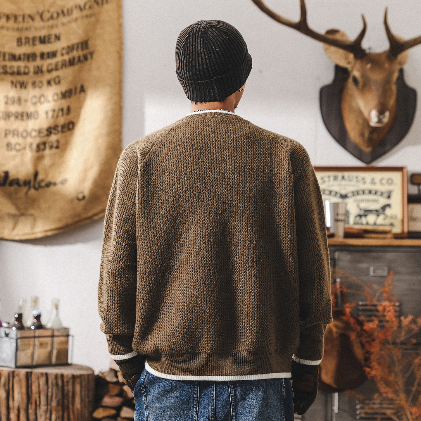 美式復古重磅假兩件毛衣男加厚冬季保暖毛線衣圓領寬鬆男士針織衫