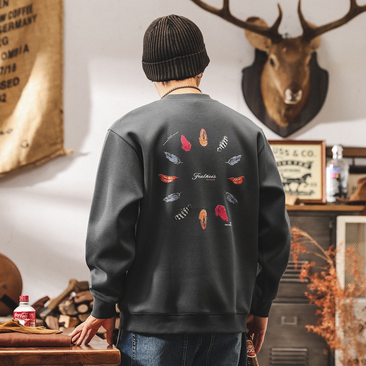 美式復古360g重磅衛衣男春秋新款潮流印花寬鬆圓領套頭長袖上衣男