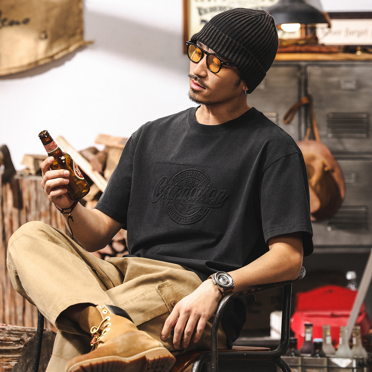 美式復古立體鋼印短袖男夏季寬鬆潮流250g重磅T恤男休閒上衣