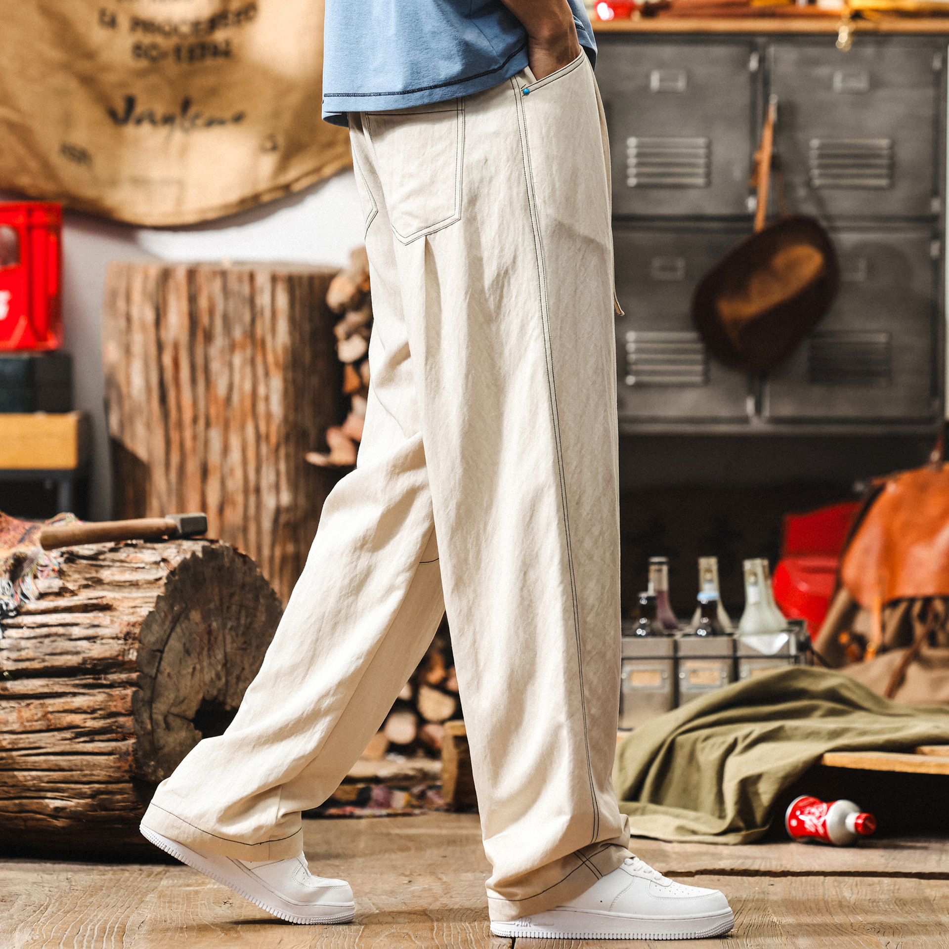 美式復古薄款褲子男夏季寬鬆垂感慵懶風闊腿褲男潮牌直筒休閒長褲