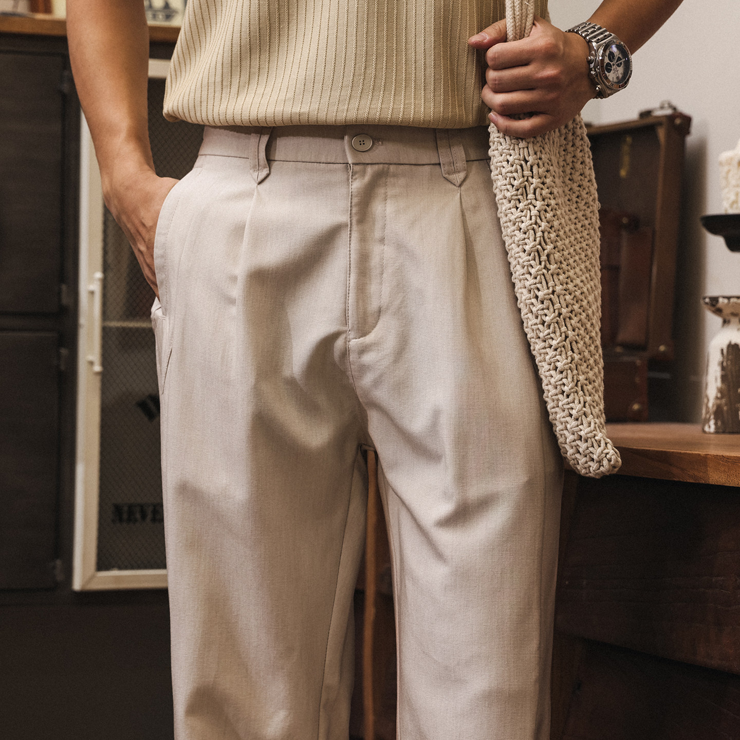 萊賽爾抗皺垂感綿羊毛直筒西褲男春季潮牌美式復古老錢風休閒褲男