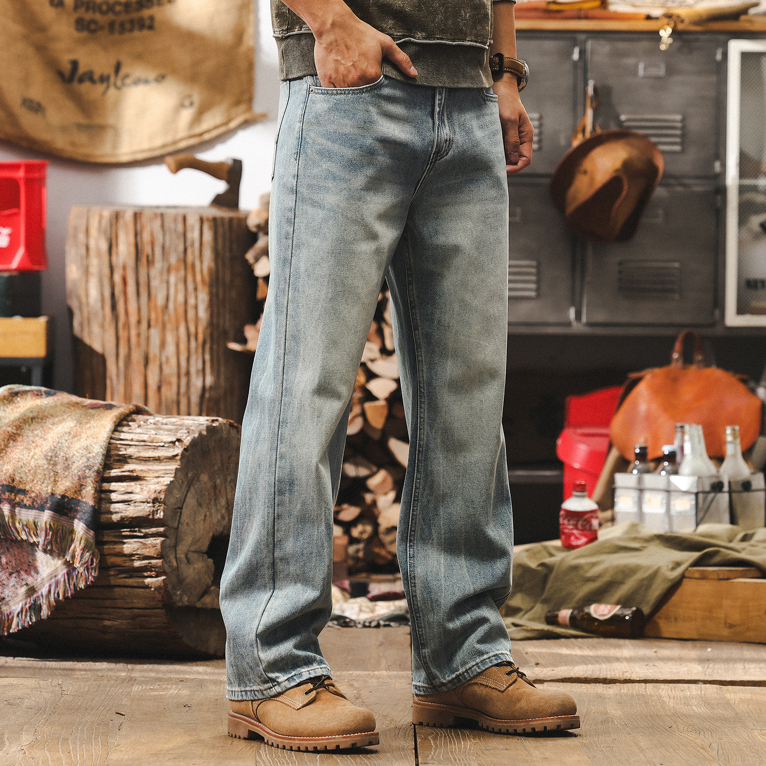 美式復古冰川藍微喇牛仔褲男寬鬆直筒2025年新款淺色休閒男士褲子