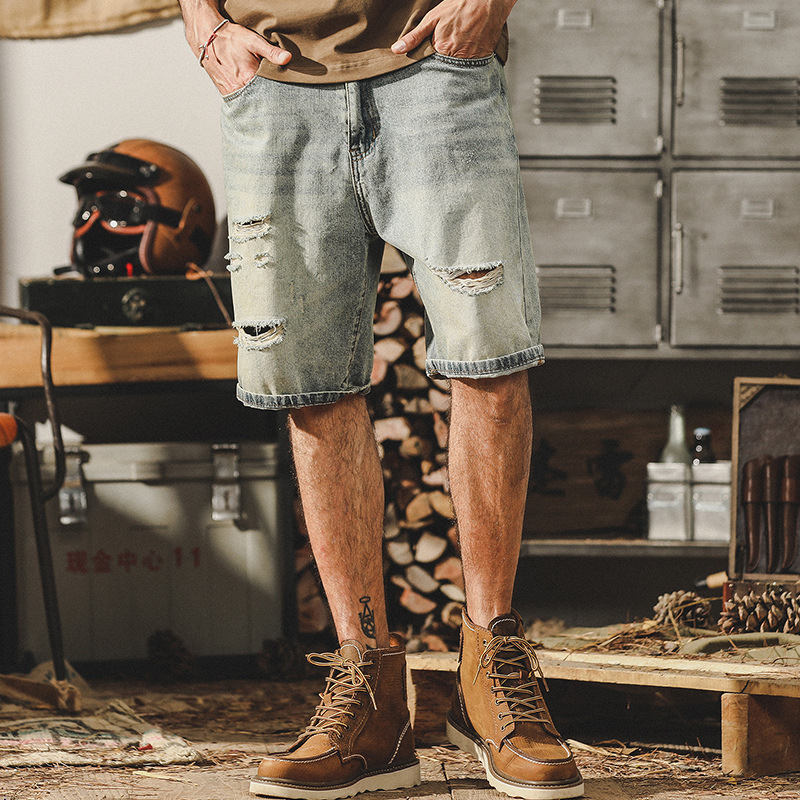 杰雷諾美式經典復古乞丐破洞牛仔短褲男寬鬆潮流夏季休閒五分褲男