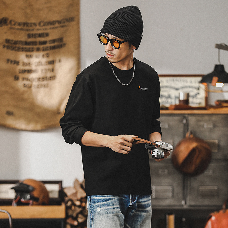 春季新款黑色長袖T恤男寬鬆潮牌男裝山系印花260g重磅上衣男