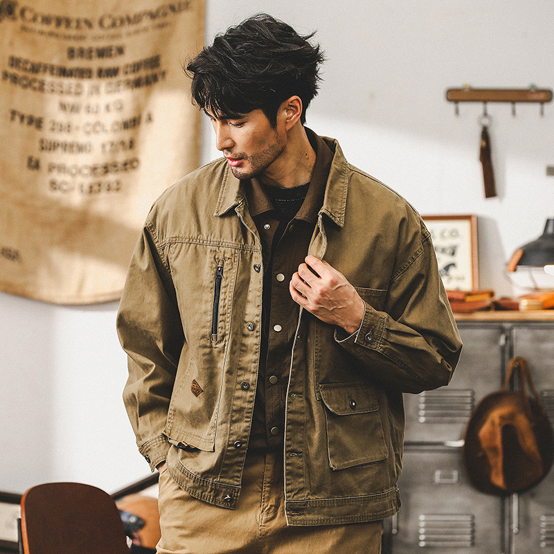 美拉德復古重磅魚骨紋工裝夾克男秋季美式潮牌硬漢獵裝外套男春秋