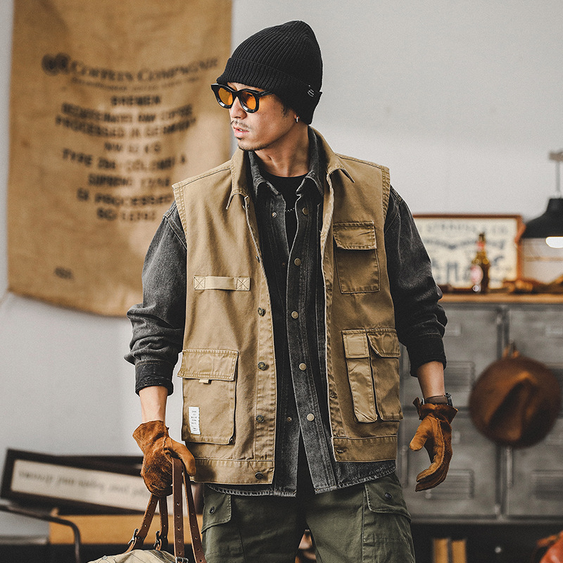 美式重磅复古工装夹克男春季钓鱼户外战术机能多口袋工装马甲外套