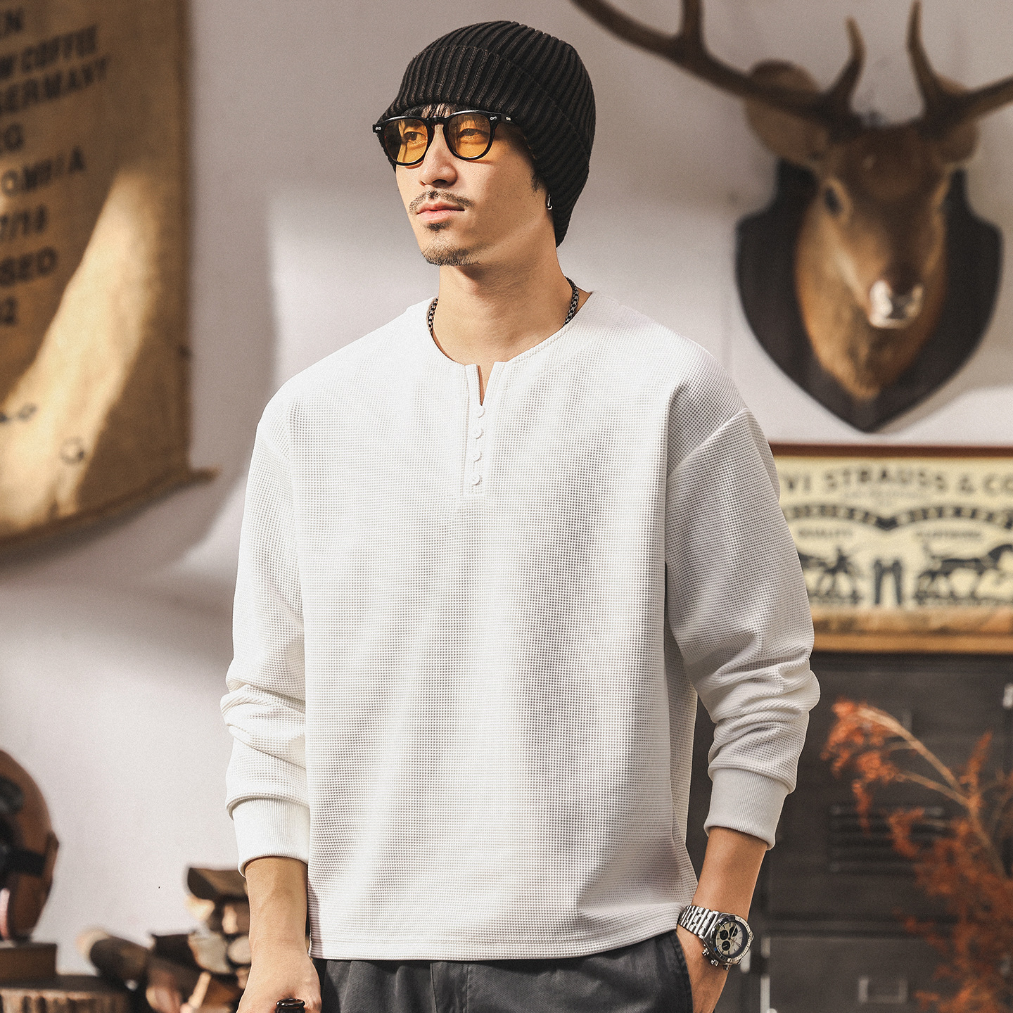 美式復古白色長袖t恤男秋季2025新款亨利領潮牌休閒寬鬆男士上衣T