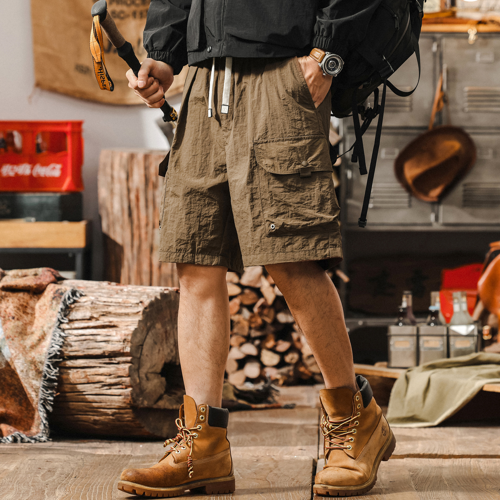 美式復古戶外工裝短褲男夏季薄款冰絲速幹寬鬆直筒潮牌休閒五分褲