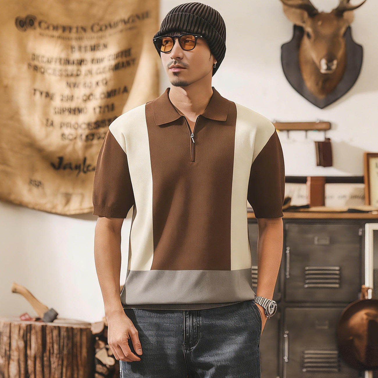 美式復古老錢風針織短袖POLO衫男夏季新款撞色半拉鍊寬鬆男士T恤