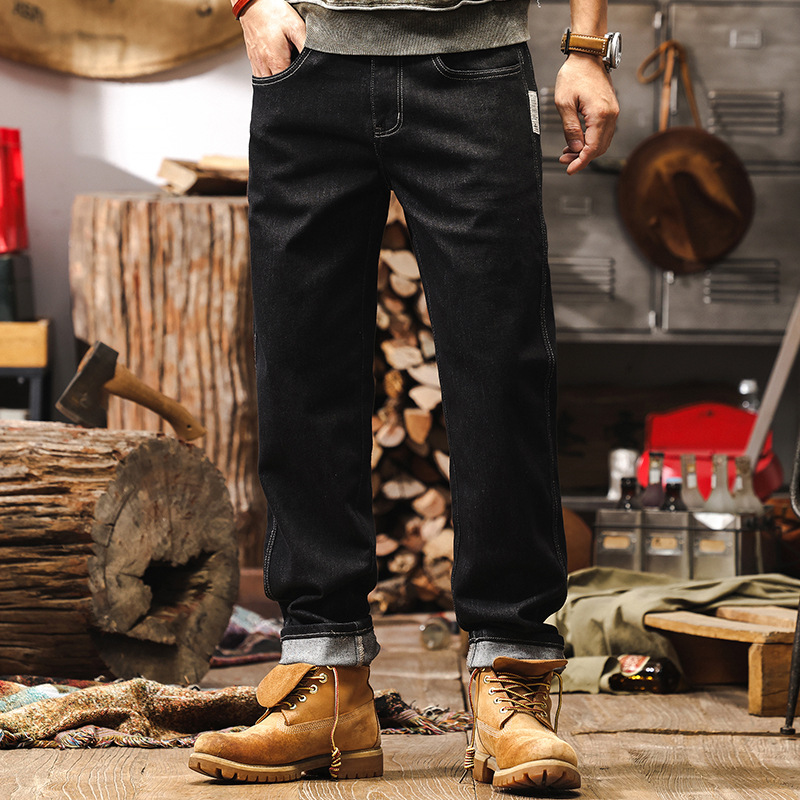 活性染不掉色黑色水洗牛仔褲男春季美式復古潮牌彈力直筒休閒褲男