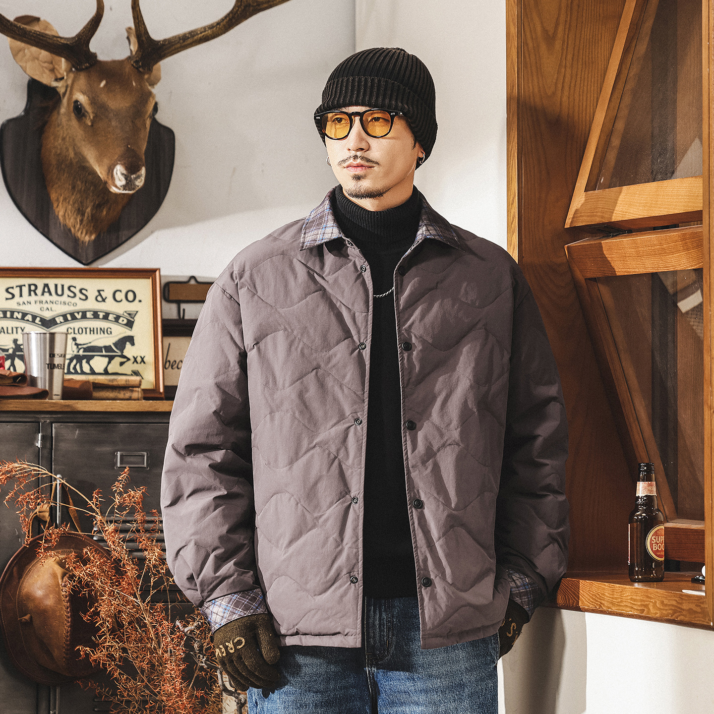 雙面穿美式復古90%純白鴨絨輕薄羽絨服男冬季潮牌襯衫羽絨外套男