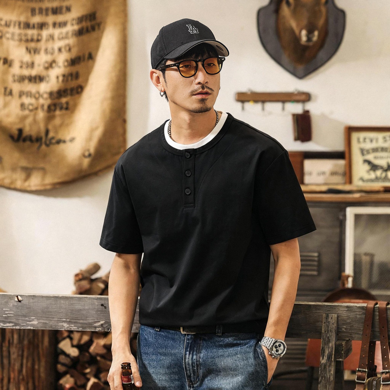 美式復古假兩件涼感T恤男士短袖夏季寬鬆紫色潮流亨利領Polo衫男