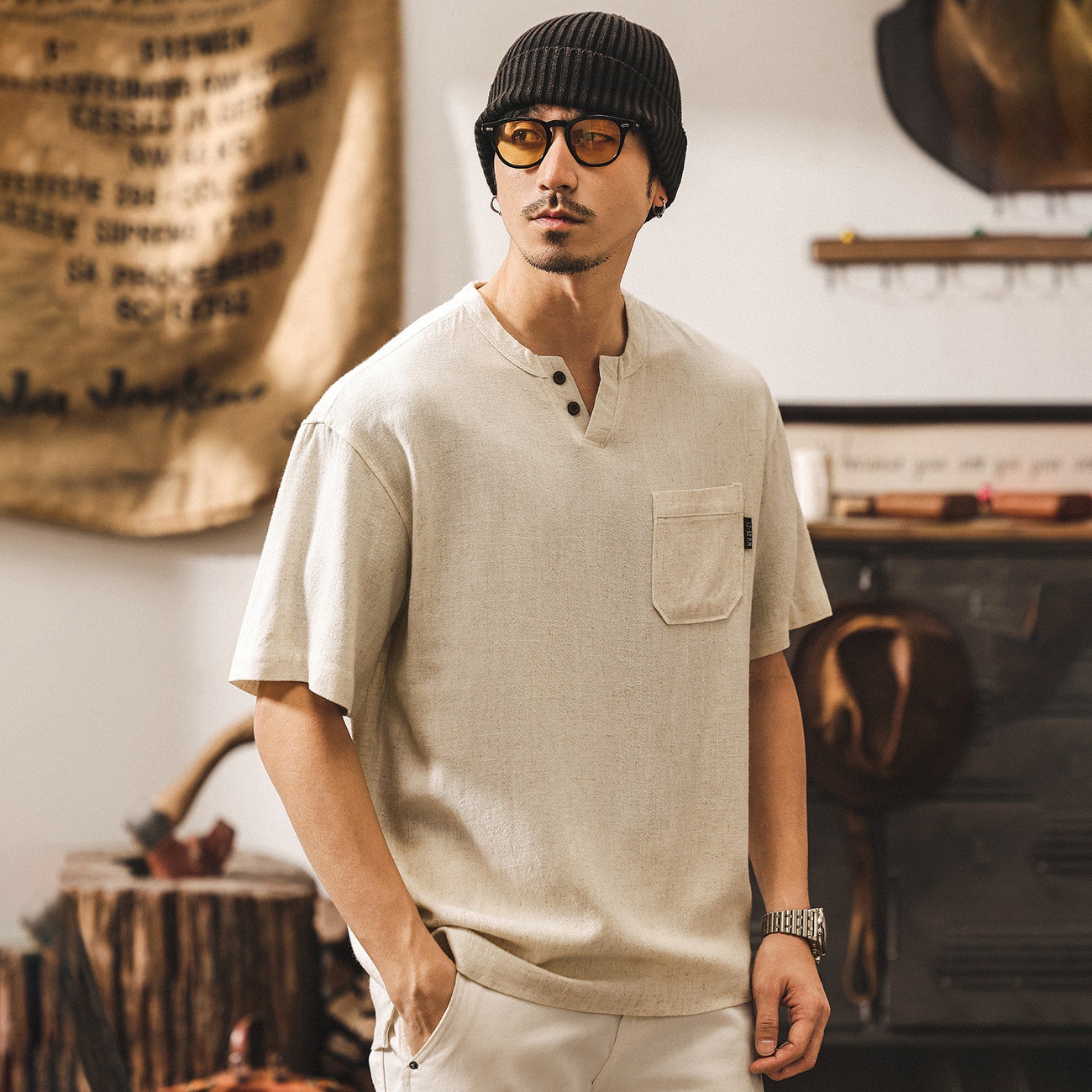 美式復古老錢風亞麻亨利領短袖男款T恤2026新款夏季潮牌Polo衫男