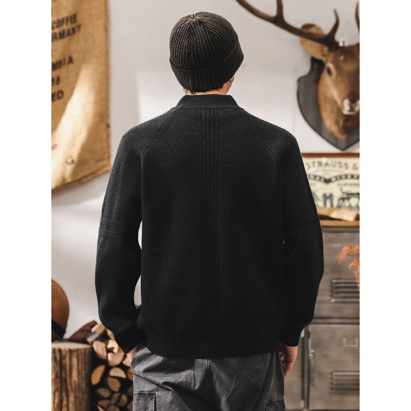 美式復古7針重磅半拉鍊毛衣男秋冬寬鬆慵懶風半高領針織衫外套男