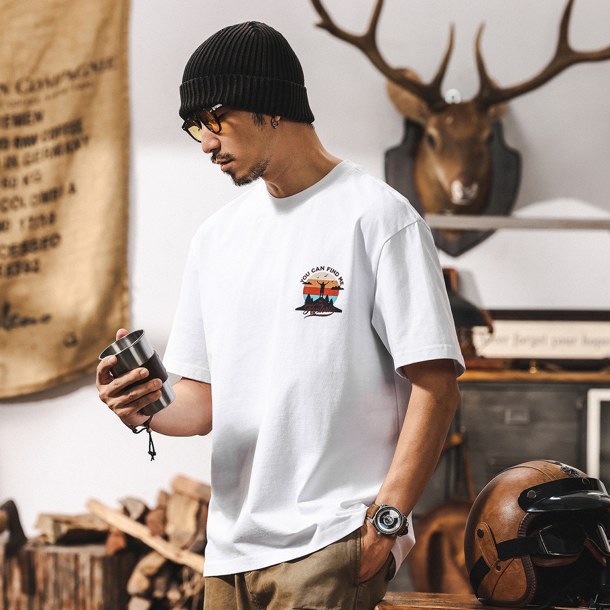 美式重磅雙紗T恤男短袖夏季復古潮流戶外露營印花休閒上衣印花T男