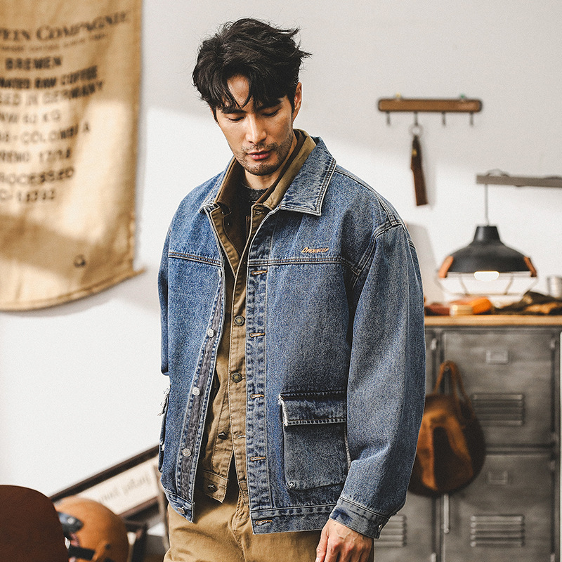 美式重磅經典復古丹寧牛仔外套男春秋寬鬆硬挺獵裝工裝夾克男秋季