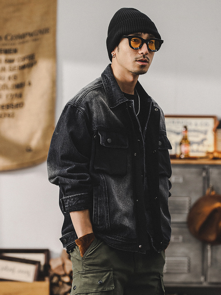 春季黑色牛仔外套男潮牌拼接高級感2024新款痞帥美式工裝休閒夾克