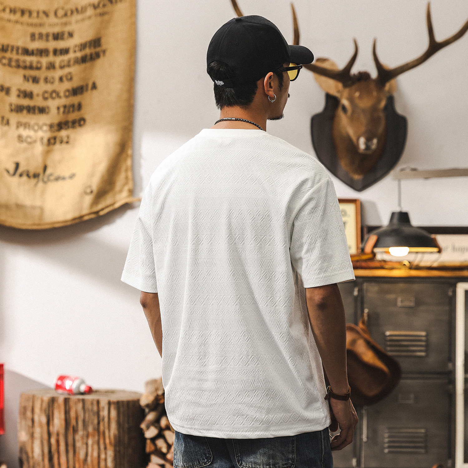 美式復古高級感提花紋理男士T恤夏季短袖2025新款潮牌寬鬆上衣男