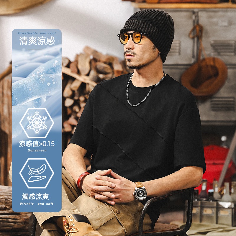 涼感科技雲梯棉短袖T恤男夏季2025新款潮流捏折設計感休閒上衣男T