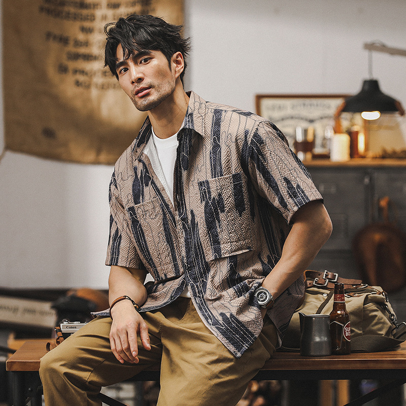 美式復古工裝襯衫男短袖夏季薄款寬鬆條紋夏威夷潮牌休閒男士襯衣