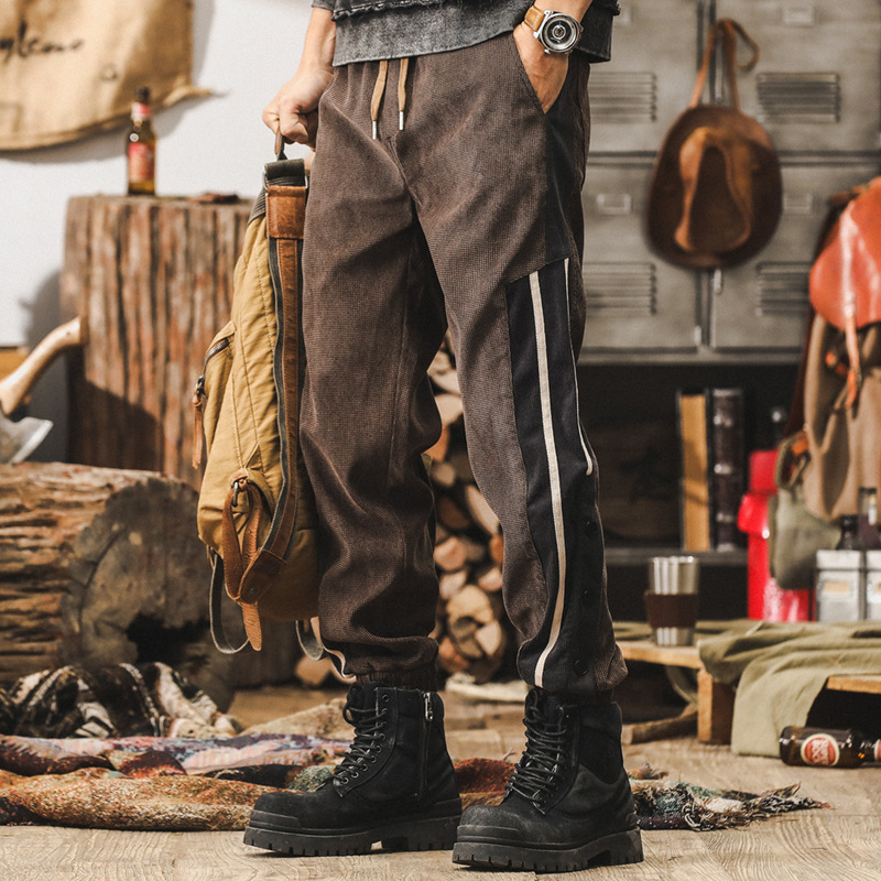 美式復古重磅休閒衛褲男秋冬款潮流條紋長褲子男士拼接束腳工裝褲
