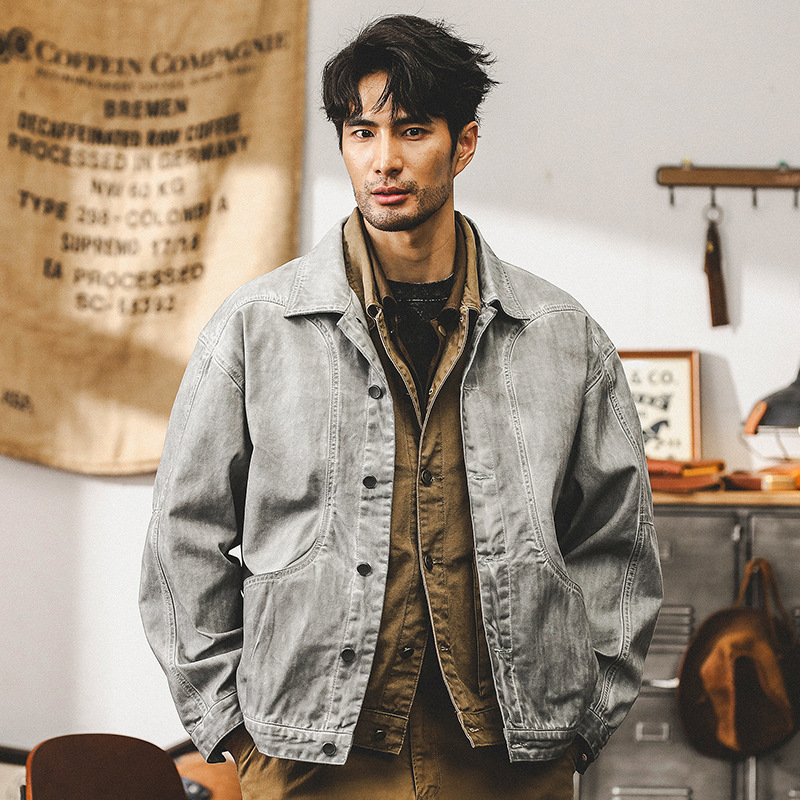 美式重磅複古外套男春秋款潮牌寬松休閑老式古著髒染男士工裝夾克