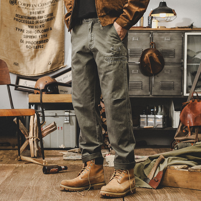 美式休閑長褲子男秋季潮牌2024新款洗褪潑墨寬松直筒工裝褲男