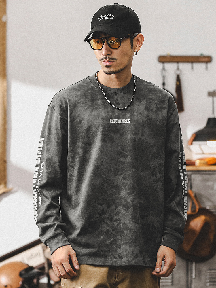 美式複古長袖T恤男春秋季做舊印花上衣T潮牌寬松休閑衣服男款潮流