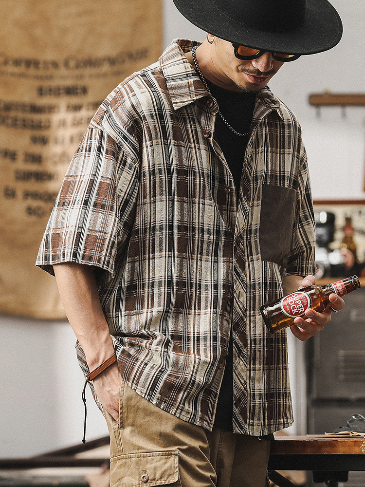 美式復古格子襯衫男高級感2024新款寬鬆潮牌短袖男夏季沙灘襯衣男
