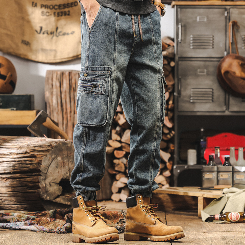 美式復古直筒牛仔褲男秋季潮牌水洗工裝褲男士秋冬褲子束腳休閒褲