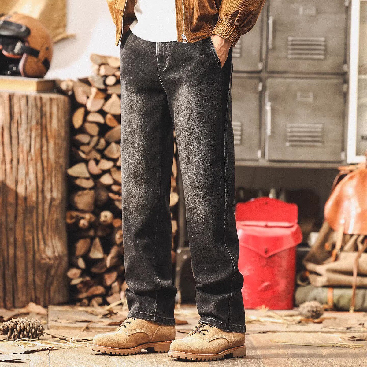 美式復古重磅拼接牛仔褲男2026新款寬鬆直筒褲子男春季潮牌休閒褲