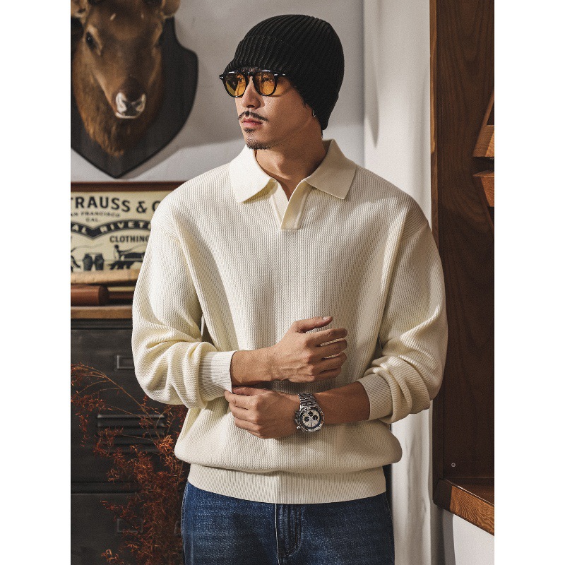 美式復古海鷗領毛衣男秋冬款寬鬆潮牌簡約馬球領休閒針織衫男秋季