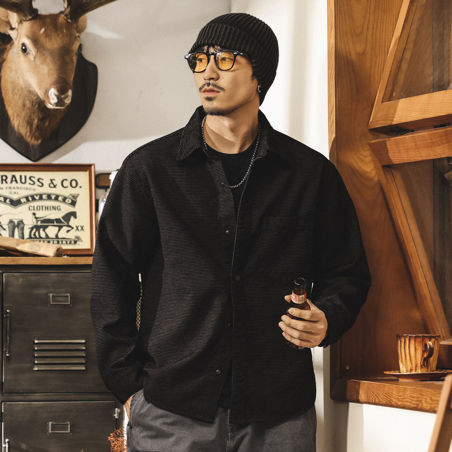 美式復古高級感雪尼爾提花條紋襯衫外套男春秋新款寬鬆休閒襯衣男