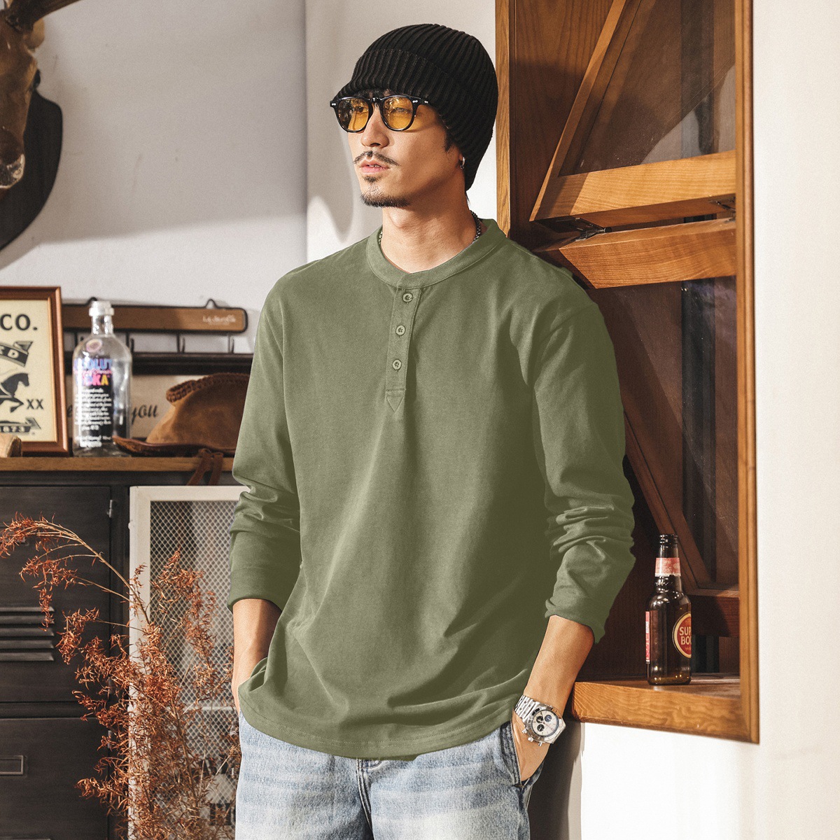 美式復古磨毛輕柔亨利領polo衫男新款長袖t恤男春秋寬鬆上衣