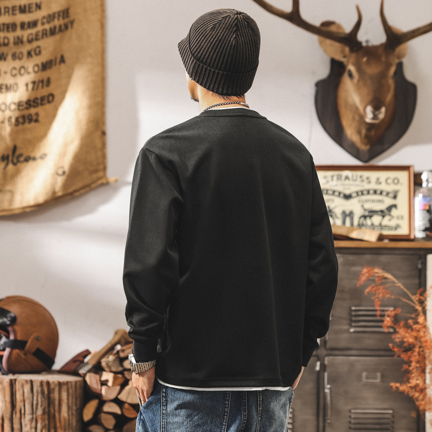 美式復古260g重磅長袖t恤男寬鬆秋季新款潮牌拼接假兩件男裝上衣