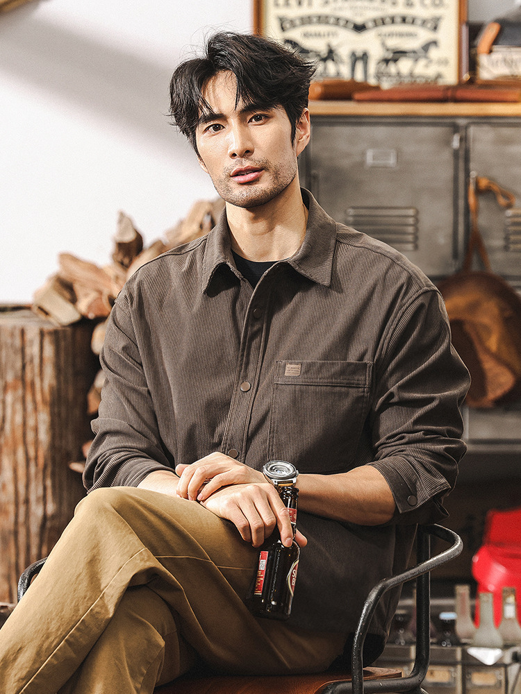 高級感條紋肌理長袖襯衫男春季2025新款寬鬆潮牌重磅休閒男士外套