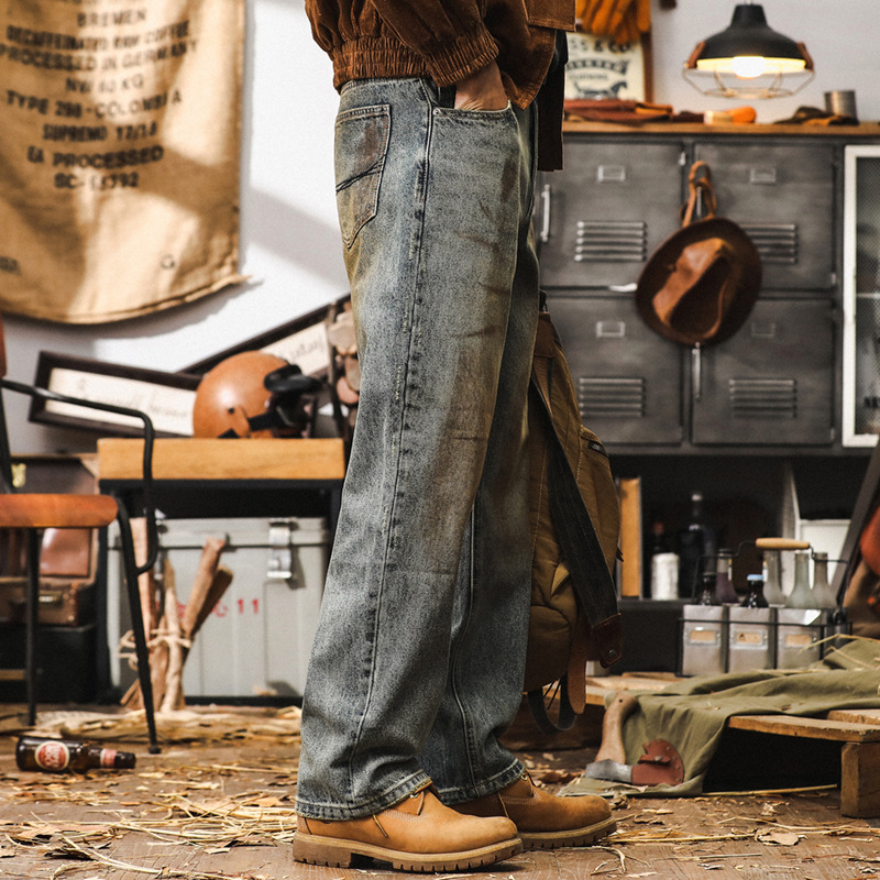 美式做舊臟染牛仔褲男款寬鬆直筒高街潮牌褲子男復古水洗休閒長褲