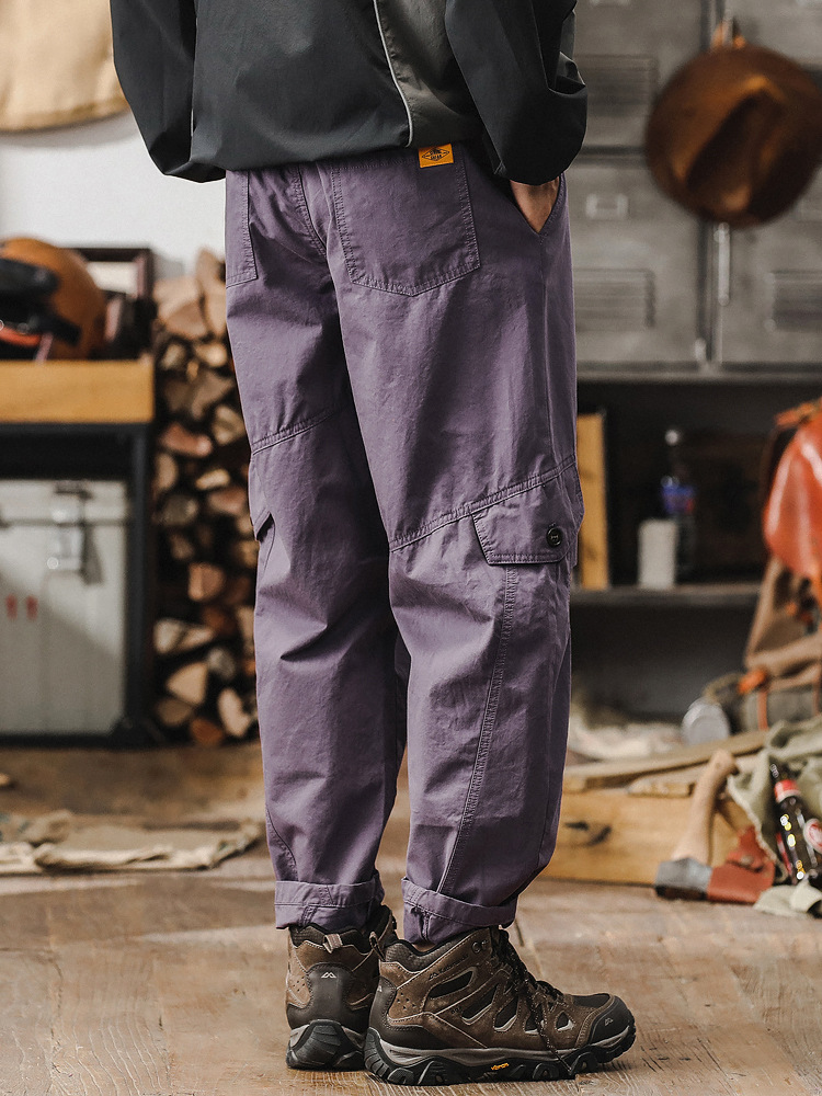 春季新款工裝褲子男潮牌美式寬鬆直筒男士休閒褲高級感紫色褲子男