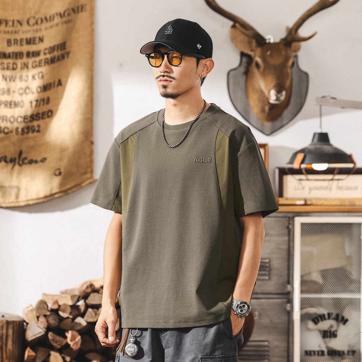 美式復古重磅T恤男夏季新款男士短袖2025寬鬆潮牌拼接半袖上衣男T