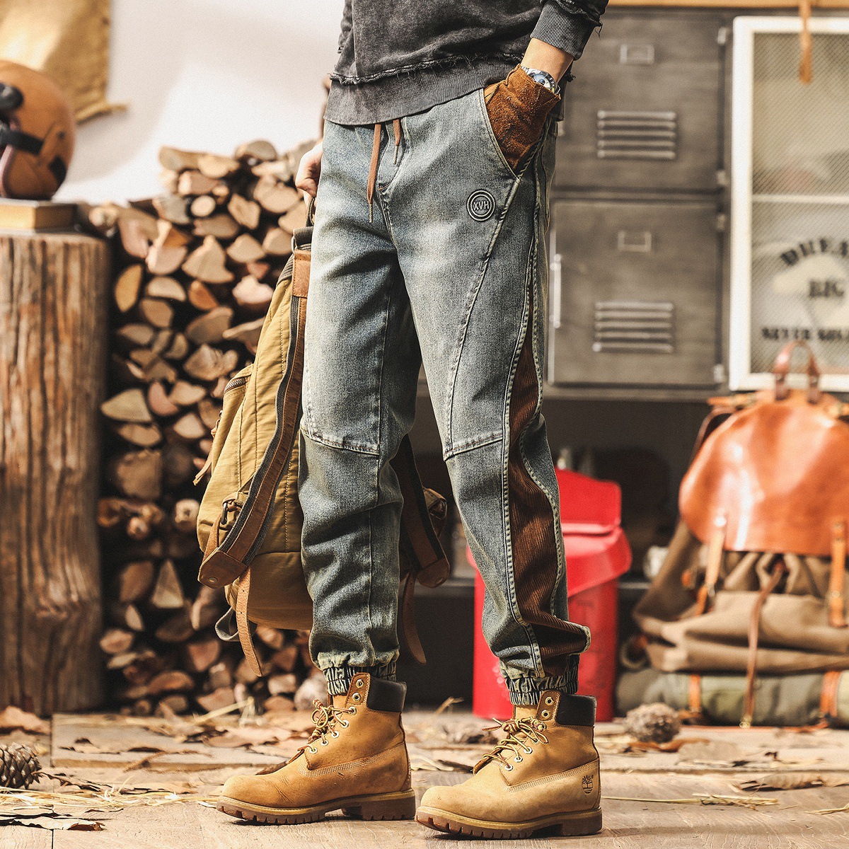 美式復古牛仔褲男2025新款春秋潮牌做舊拼接工裝褲子男秋季休閒褲