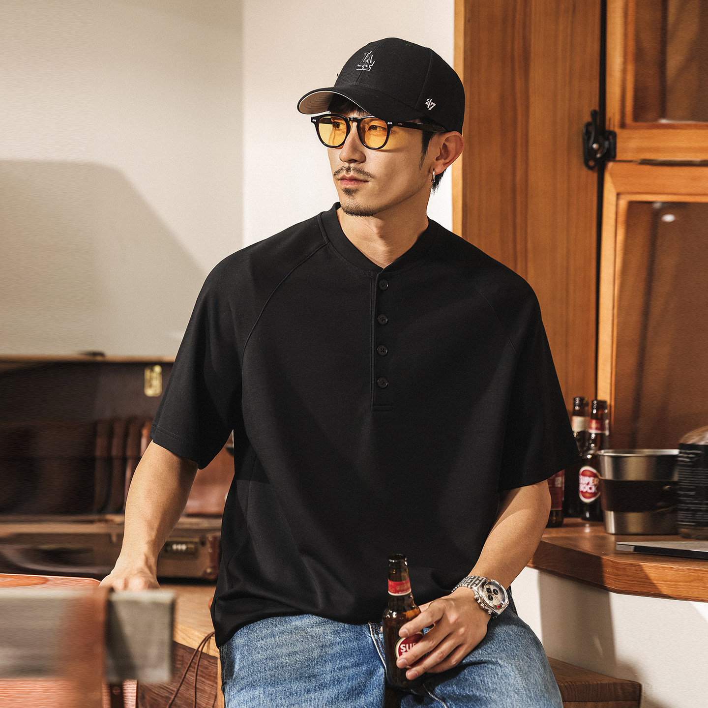 美式復古糯滑果凍棉男士Polo衫短袖夏季T恤新款寬鬆亨利衫上衣男