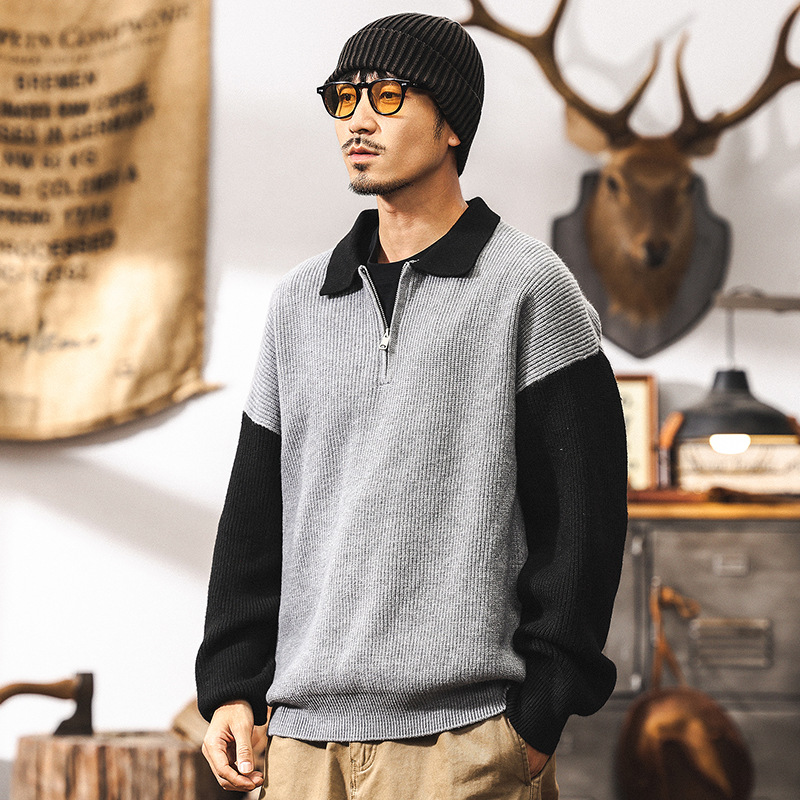 美式700g重磅復古毛衣男秋冬款潮牌寬鬆假兩件polo領針織衫外套男
