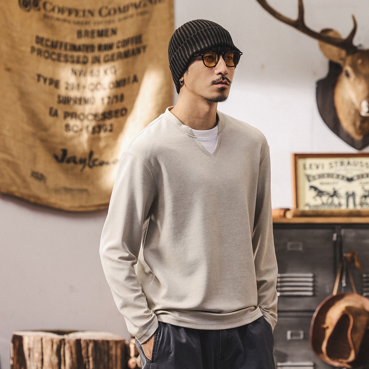 美式復古假兩件長袖t恤男秋季新款寬鬆男士萊賽爾親膚內搭打底衫