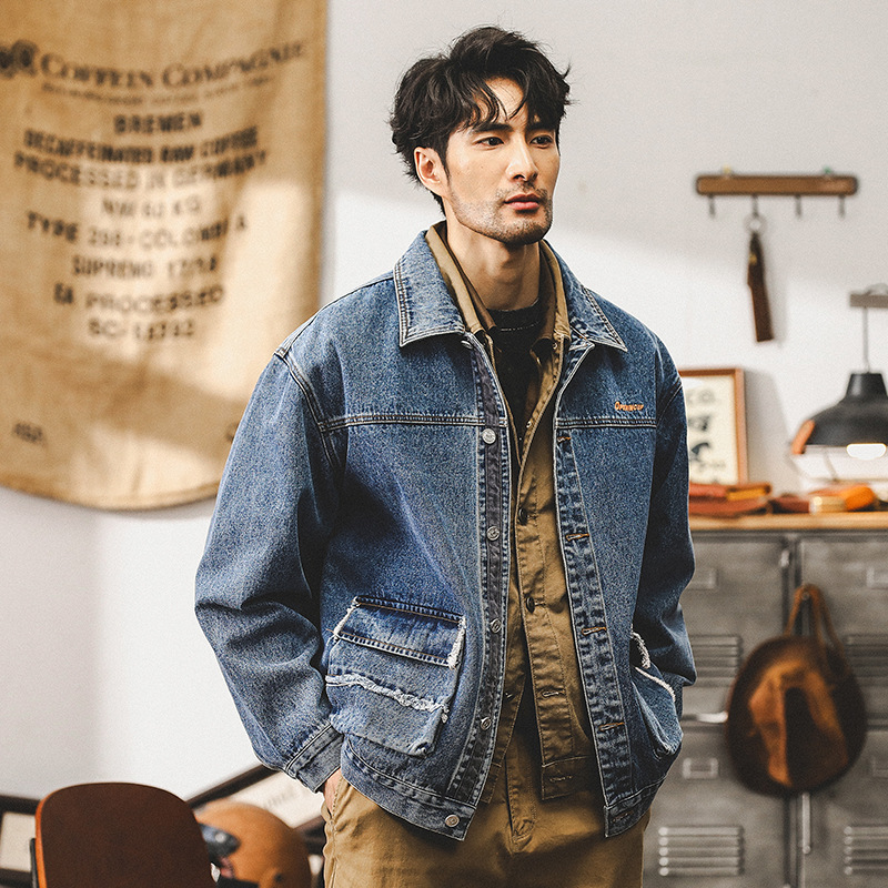 美式重磅經典復古丹寧牛仔外套男春秋寬鬆硬挺獵裝工裝夾克男秋季