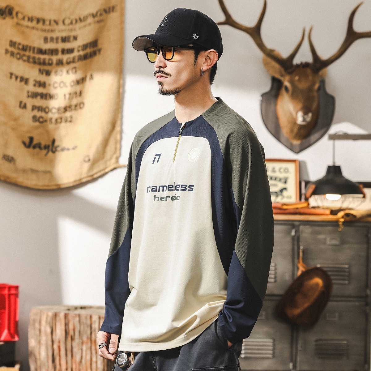 美式戶外運動速幹長袖t恤男春秋款潮牌寬鬆薄款騎行跑步訓練服男T